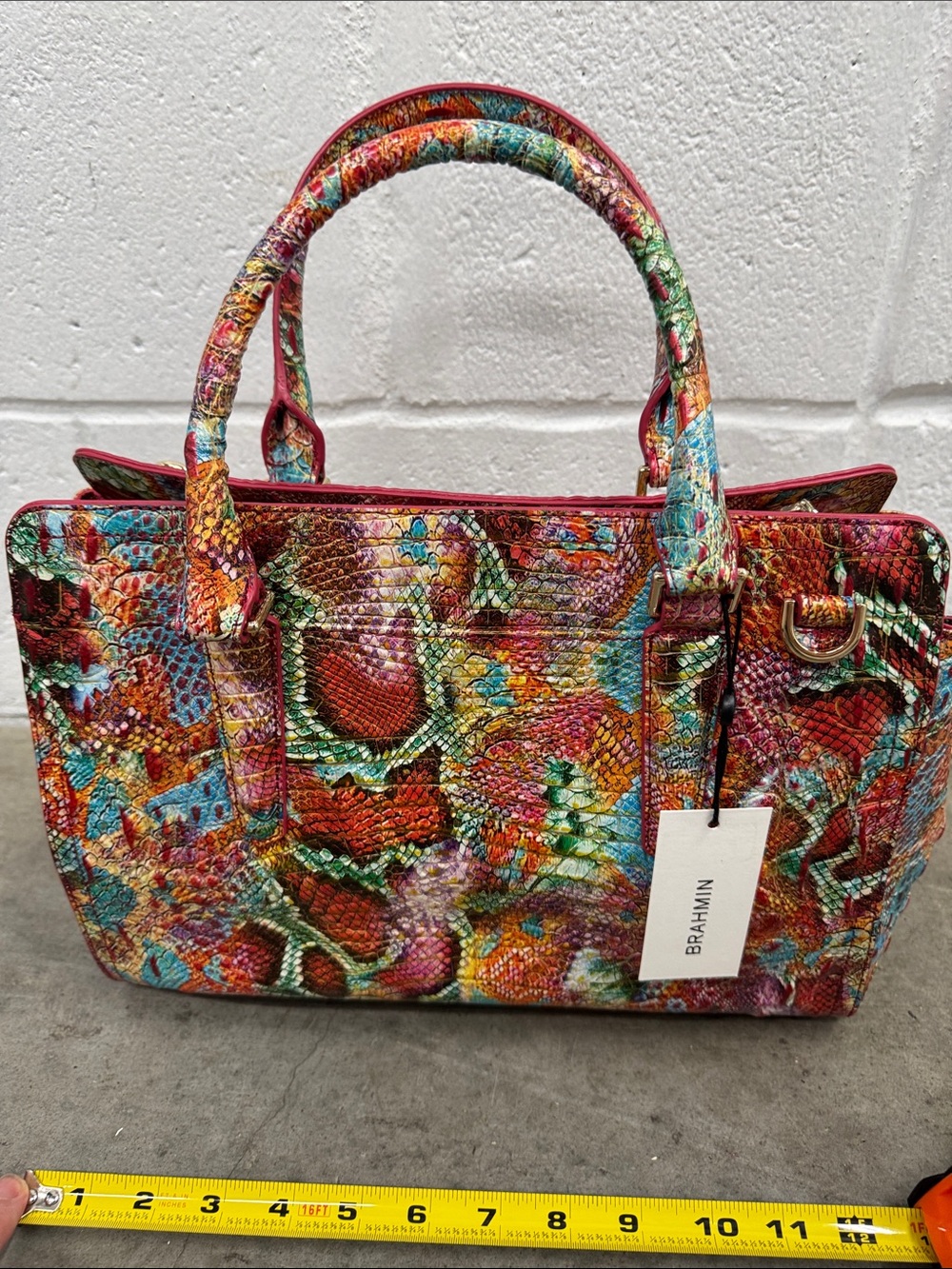 Brahmin “Small Finley” Embossed Leather Satchel - Red, Turquoise, Orange - Picture 2 of 9